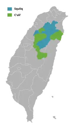 Территория проживания народа атаял — центральный и северный Тайвань, вдоль хребта Сюэшань. Показаны две главные диалектные группы.