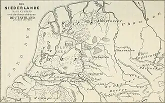 Флевонское озеро на старинной карте.Внизу — бывшее местоположение озера на современной карте.