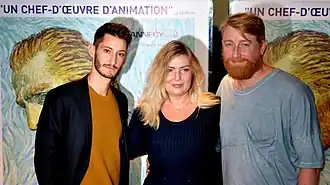 Пьер Нине, Дорота Кобела и Хью Уэлшмэн на парижской премьере  фильма «С любовью, Винсент», 2017