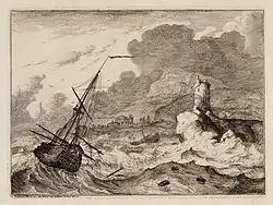 Бурное море с крепостью. Офорт