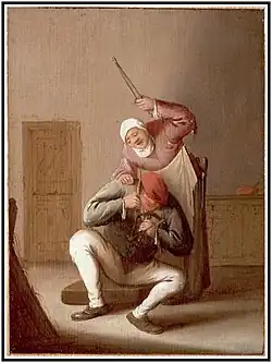 Женщина, бьющая мужчину. Между 1618 и 1650. Дерево, масло. Частное собрание