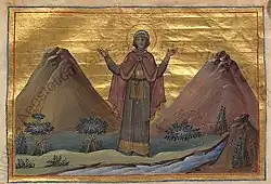 Василисса Никомидийская молится и из камня вытекает вода. Константинополь. 985 г. Миниатюра Минология Василия II. Ватиканская библиотека. Рим.