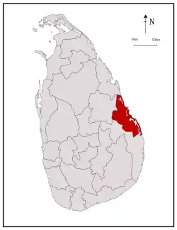 Area map of Batticaloa District, located along the east by north coast, in the Eastern Province of Sri Lanka