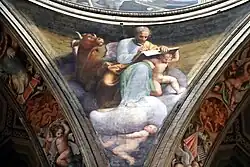 Евангелист Лука. 1543. Фреска пандатива базилики Санта-Мария-ди-Кампанья, Пьяченца