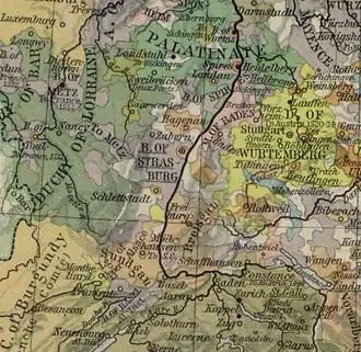 Территории князей-епископов Страсбурга (фиолетовым) по обе стороны Рейна около 1547 года