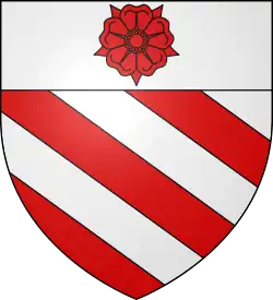 Bandé d'argent et de gueules, au chef du premier, chargé d'une rose du second