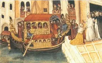Дож Себастиано Дзиани высаживается с Бучинторо в монастыре Милосердия.Миниатюра XVI века.