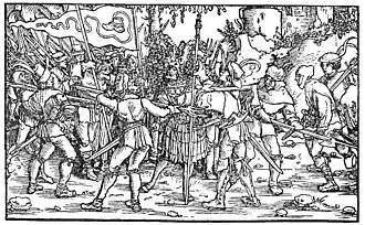 Мятежные крестьяне окружают рыцаря. Ксилография так называемого Мастера Петрарки из «Зеркала Утешения» (Petrarcas Trostspiegel). Германия. 1539. Обрезная гравюра на дереве