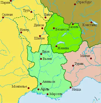 Бургундские государства в 925 году Королевство Нижняя Бургундия Королевство Верхняя Бургундия
Западнофранкское королевство Восточнофранкское королевство Королевство Италия Пунктиром обозначена территория Бургундии, отошедшая в 843 году к Западнофранкскому королевству (будущее герцогство Бургундия)