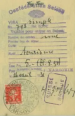Швейцарская виза в польском паспорте. 1931 г.
