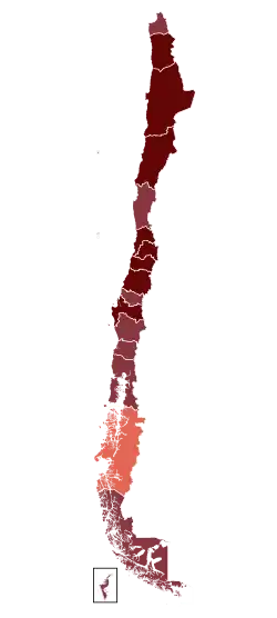 Подтверждённые случаи заражения в Чили:
 1-9 случаев 10-99 случаев 100-499 случаев 500-999 случаев ≥1000 случаев