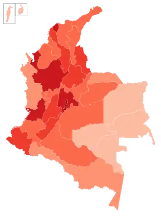 Департаменты Колумбии, где есть зафиксированные случаи заражения  <1 000 случаев
 1 000-4 999 случаев
 5 000–9 999 случаев
 10 000–49 999 случаев
 50 000–99 999 случаев
 100 000–499 999 случаев
 ≥500 000 случаев