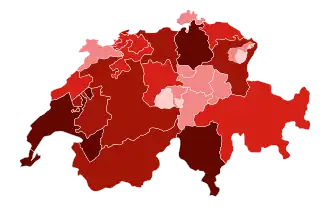 Карта Швейцарии в разрезе количества заражённых  1-99 случаев  100-499 случаев  500-999 случаев  1,000-2,499 случаев  2,500+ случаев