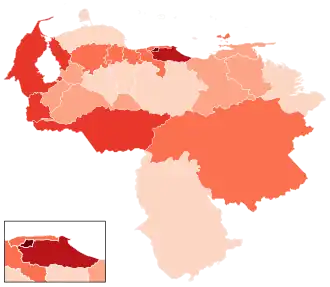 Штаты Венесуэлы, где есть зафиксированные случаи заражения 
 <10 случаев
 10–19 случаев
 20–29 случаев
 ≥30 случаев