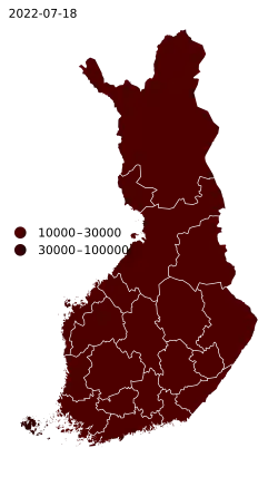 Карта случаев заражения COVID-19 на 100 тысяч населения в Финляндии