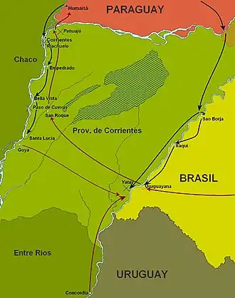 Движение парагвайских (черный) и союзных (красный) войск во время кампании в Корриентесе (1865 г.)