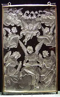 Каспар Леман. Плакетка «Музицирующие ангелы». 1586—1588. Стекло, гравировка. Баварский национальный музей, Мюнхен