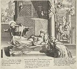 Святая Екатерина спасает женщину. Офорт из серии «Сцены из жизни и чудес святой Екатерины Сиенской». 1597