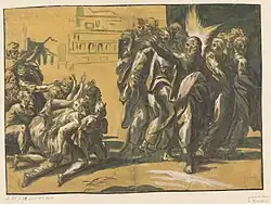 Христос исцеляет прокажённых. Ок. 1540. Кьяроскуро в три доски