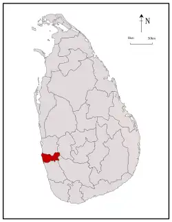 Area map of Colombo District, roughly rectangular in shape and extending inwards from the west south west coast in the Western Province of Sri Lanka