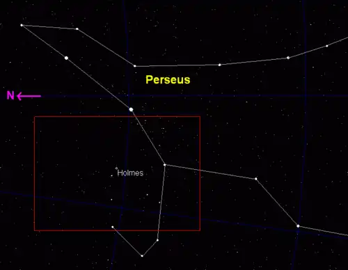 Размер и положение кометы на небе в период с 25 октября 2007 по 9 марта 2008 года