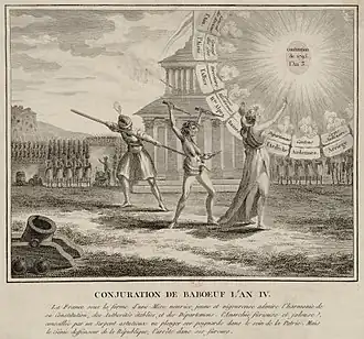 Заговор Бабёфа в IV году.
«Гений-защитник Республики» протыкает копьём «Медузу», символизирующую Анархию, которая собирается нанести удар Франции, изображённой молодой матерью с ребёнком, восхищающейся Конституцией III года.
Анонимная карикатура, Париж, Национальная библиотека Франции, отдел гравюр и фотографий[фр.], 1796.