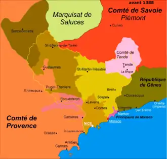 В 1258 г. западная часть графства Вентимилья (жёлтым) отошла Провансу, на северо-восточной (фиолетовым) позднее образовалось графство Тенда
