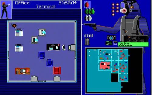 Скриншот мини-игры шутер: слева показан вид комнаты здания сверху, в которой Максин в левом верхнем углу, спрятавшись за терминалом и дождавшись когда единственный охранник повернётся спиной и откроет ящик для работы с документами, открывает огонь; справа-внизу показана схема здания в масштабе, где ниже красная комната заполнена газом, слева неизвестная зона, но «слышны» белые точки-охранники; справа-вверху показана экипировка (маска, бронежилет, фотоаппарат и 34 кадра плёнки, наушники, отмычки для взлома), запас патронов и различных гранат, Максин получила два попадания в бронежилет, найдены три буквы пароля терминала, осталось 7 подслушивающих устройств для установки.