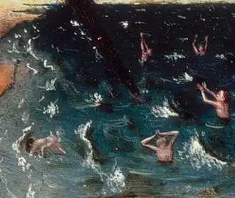 Справа от Архангела Михаила воскресшие покидают свои могилы на дне морском, чтобы предстать на Страшном суде