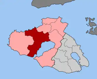 Карта общины:  1 — Калони 2 — Айия-Параскеви, Мандамадос, Митимна, Петра, Полихнитос, Эресос-Андиса