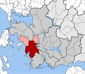 Карта общины: 1 — Астакос 2 — Ализия (слева) и Фитие