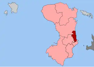 Карта общины: 1 — Хиос 2 — Айос-Минас, Амани, Иония, Камбохория, Кардамила, Мастихохория, Омируполис