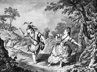 Жан Доберваль и Мари Аллар в балете «Сильвия».Гравюра неизвестного автора по Л.-К.Кармонтелю