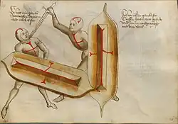 Схватка на мечах и фехтовальных щитах.