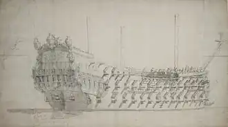 Предполагаемый рисунок раннего французского 76-пушечного корабля Royale Thérèse, стоящего на якоре в английском порту в начале 2-й англо-голландской войны. Около 1673 года