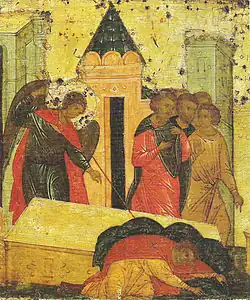 Чудо Димитрия о вятчанах. Клеймо 13 — одно из первых свидетельств об украшении раки расшитым покровом