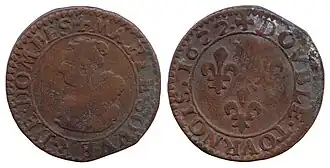 Двойной турнуа, 1622 год, медь. Домб, Мария де Бурбон-Монпансье.
