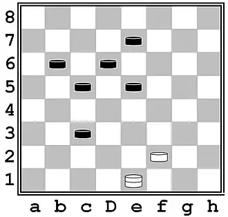 Белые при своей очереди хода должны взять дамкой так: е1:а5:d8:f6:d4. На поле d4 дамка должна остановиться, т.к. через шашку c3 второй раз перескакивать нельзя, нельзя также перескакивать и через шашку с5