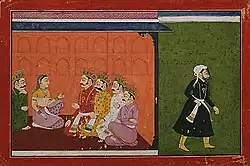 Драупади, частичное воплощение Лакшми, в окружении своих пяти супругов-пандавов. Иллюстрация к Махабхарате, Индия, Пенджаб, 1730 год