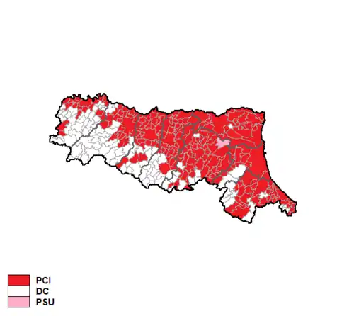 Красный — Итальянская коммунистическая партия, белый — Христианско-демократическая партия, розовый — Единая социалистическая партия