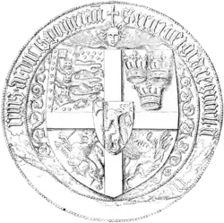 Одна из печатей Эрика VII «Померанского», 1398 год.Три датских льва несут датский флаг (левый верхний угол).