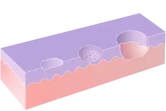 Схематическое изображение эрозии (слева), экскориации (в середине) и язвы (справа).