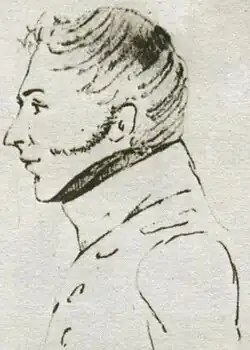 Евгений Петрович Оболенский на допросе, кисти Андрея Андреевича Ивановского, 1826 г. Вверху надпись карандашом (поздняя): Поручик кн: Оболенский.