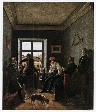 Е. Ф. Крендовский. «Семь часов вечера».Коллективный портрет, на котором изображены читающий П. П. Свиньин, Г. Г. Чернецов (у самовара), Н. Г. Чернецов (с трубкой), В. П. Лангер (со стаканом) и А. П. Сапожников (на спинке кровати).