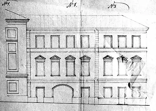 Проект восточного фасада 1866 года.По такому же типу был выполнен и северный. Слева видно изначальное классическое убранство южного строения