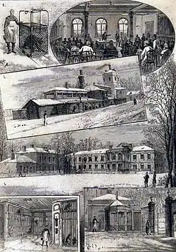 ИИЭМ принца Ольденбургского (1891): 1. Тележка для бешеных собак, 2. Аудитория, 3. Собачник (внешний вид), 4. Главное здание (клиническая лаборатория), 5. Помещение обезьян (внутренний вид), 6. Приёмная клетка для бешеных собак