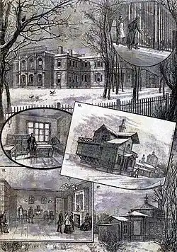 ИИЭМ принца Ольденбургского (1891): 7. Собачник (внутренний вид), 8. Химическая лаборатория (северная сторона), 9. Комната для прививок, 10. Помещение для обезьян (внешний вид), 11. Приёмная, 12. Оранжерея.