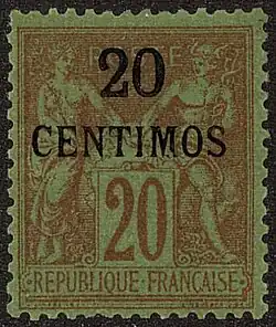 Надпечатка 20 сентимо на французской марке в 20 сантимов (Yt #4)