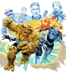 Фантастическая четвёрка на варианте обложки Fantastic Four vol. 6 (Август, 2018)Художник — Майк МэйхьюСлева направо: Существо, Человек-факел, Мистер Фантастик и Невидимая леди