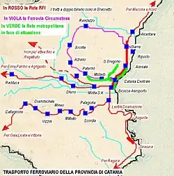 Карта провинции Катания. Фиолетовым цветом выделена Circumetnea, красным — ширококолейные железнодорожные линии